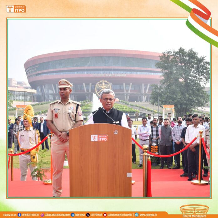 भारत मंडपम में स्वतंत्रता दिवस समारोह के दौरान आईटीपीओ अध्यक्ष संबोधित करते हुए. mediababu